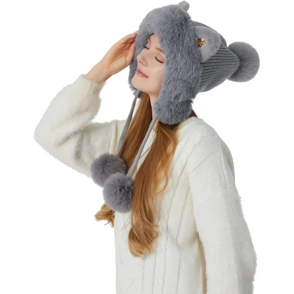 Women Grey Solid Winter Peruvian Cover Ears Beanie Hat Ear Flaps Sherpa Snow